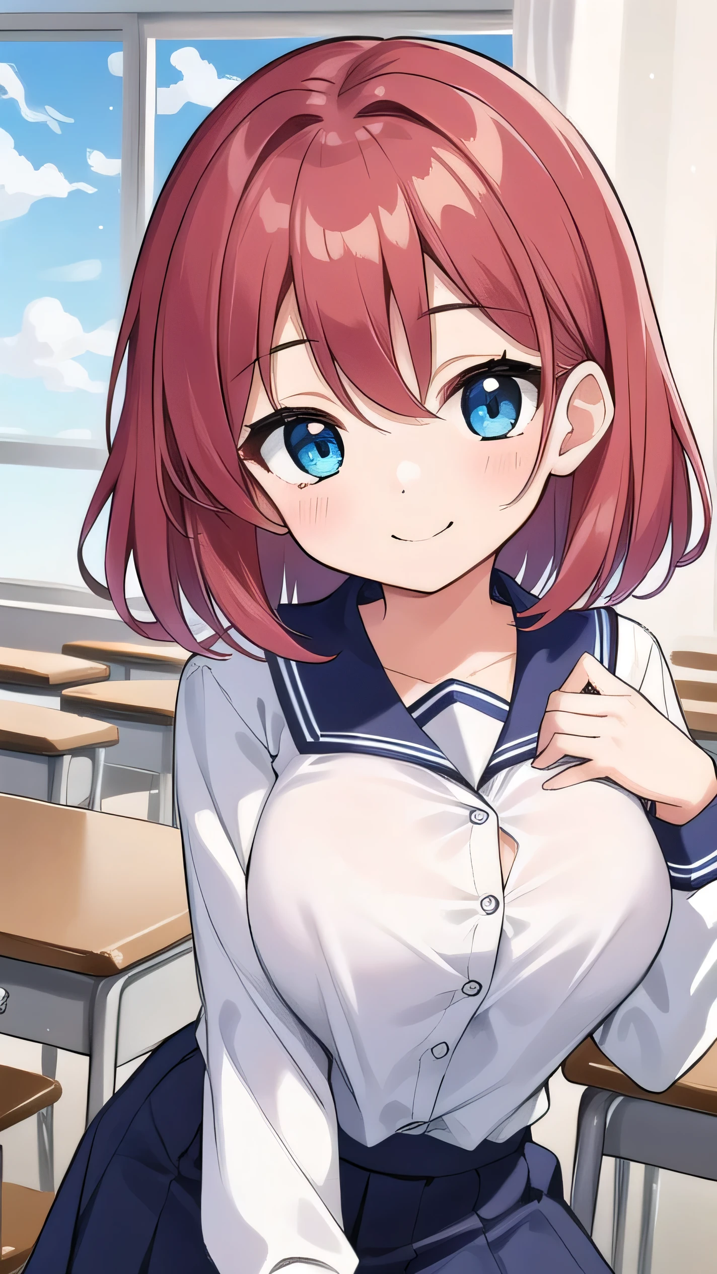 Big breasts, red hair, blue eyes, droopy eyes, red jacket, long sleeves, navy skirt, elementary school student, (super big breasts:1.1), (medium hair: 1), baggy clothes, elementary school student, young face, short height, 10 years old, old, shy Agari, smiling a little, trying to unbutton his shirt in the classroom, white shirt, soft hair,(straight hair:1.2) , gentle smile, a little smile ,