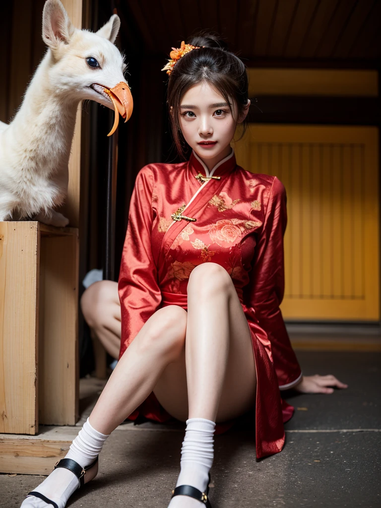 Apparition,Xingxian,Apricot,头上长着Apricot和树枝,China costume,Green makeup jadeite,Dan face Sai rouge。The starry eye is still bright,The moth eyebrows are beautiful and aligned。The bottom line is a five-color plum light red dress,Wear a garment lighter than armor。Bow shoes bend the phoenix beak,Aya socks brocade mud。Enchanting like a rooftop woman,It's no less beautiful than the beautiful Daji back then。
