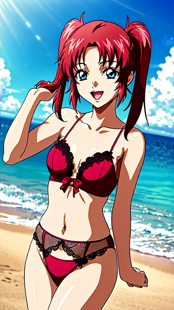 (masterpiece, 4K, Highest quality, anime style: 1.9, Detailed face, Lovely, Ocean,bold, High resolution, anime, Lake 4. alone, Curvaceous, smile, Please open your mouth wide, Very slim belly, Cowboy Shot, 1 girl,Redhead,Twin tails,blue eyes,Meiling Hawk,Pink Lingerie