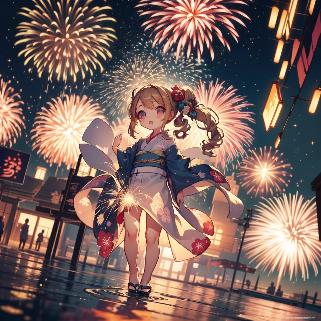 Chibi:1.8,girls,Kimono,Girl in Yukata,Blowing in the wind,Summer Festivals,natta,food stand,scenery reflected in the water,Spirit Stream,Big Fireworks:1.7,Fireworks in the night sky:1.8,poney Tail,action:1.6,dynamic pose,dynamic angle,ground-level shot,low angle,full body shot,long shot,(masutepiece: 1.3), (exquisite detailing: 1.2), Delicate and beautiful details, (Eye Detail), (Facial Detailed), (Highest Quality) :1.4), (Hyper-Resolution: 1.2), (very detailed illustration),Best Quality,depth of fields, Wide light, natural shadows