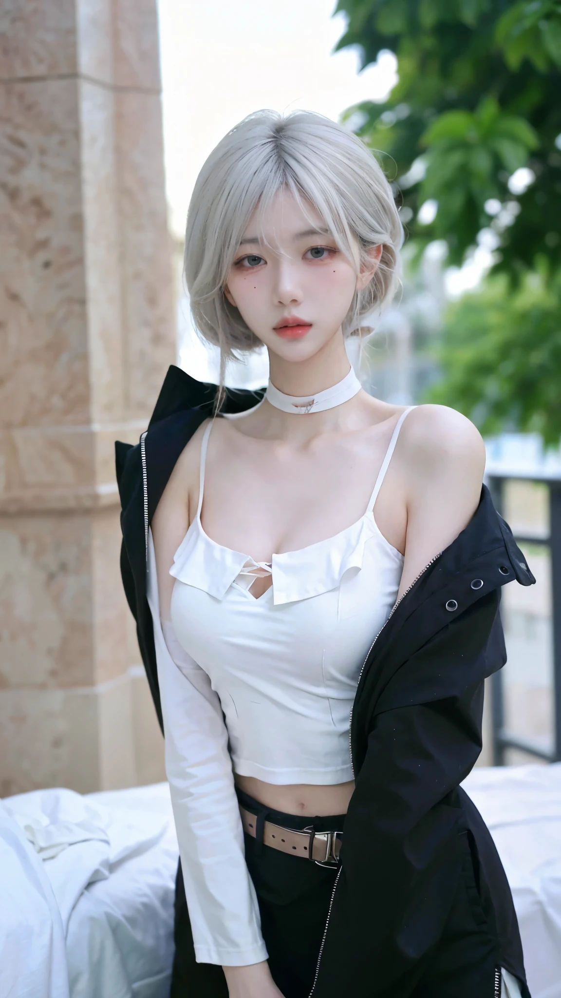 Beautiful woman with perfect figure:1.4,snow,snow背景,Layered Hairstyle,White skin,Prominent cleavage,Pleated Skirt,whole body,Very delicate face and skin texture,Double eyelids,Skin Whitening,Long white hair