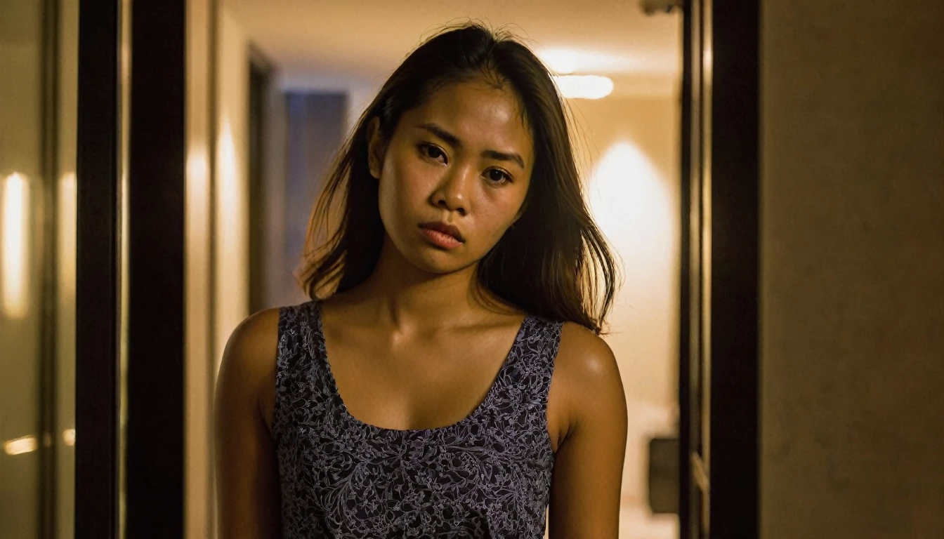 Focus on a slender,  Hispanic-Filipina woman with a flat nose and dark skin tone, aged 26, caught in a candid, upset pose. She is standing in the entrance of a Philippine condo apartment during evening hours, with the sky painted in shades of twilight. She is dressed in a simple, small skirt, and her waist-length, thick hair flows around her shoulders. Her expression is visibly angry, with a pouting mouth and furrowed brow. The background should softly blur, highlighting her with a 2.8 aperture depth of field, giving attention to the fine details of her face and hair. A carry-on suitcase subtly sits in the blurred background.