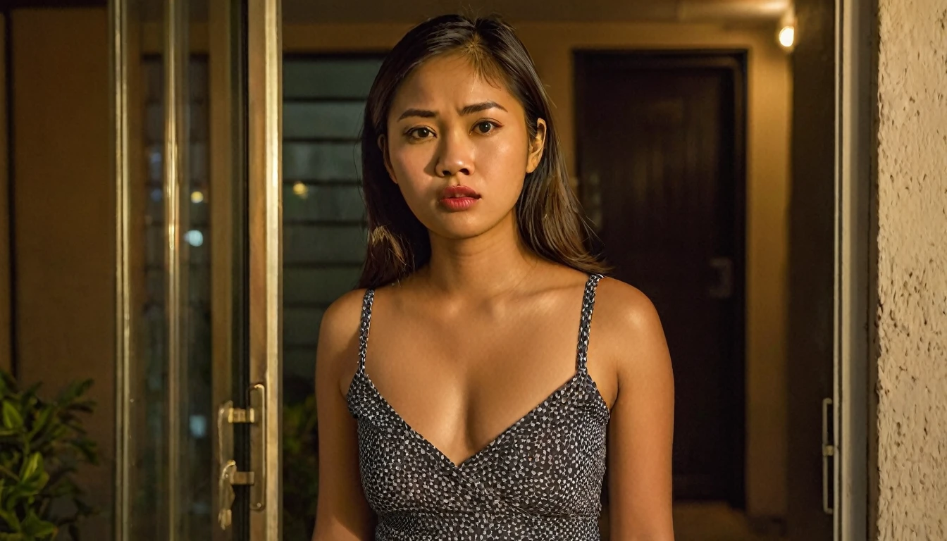 Focus on a slender, Hispanic-Filipina woman with a flat nose and dark skin tone, aged 26, caught in a candid, upset pose. She is standing in the entrance of a Philippine condo apartment during evening hours, with the sky painted in shades of twilight. She is dressed in a simple, small skirt, and her waist-length, thick hair flows around her shoulders. Her expression is visibly angry, with a pouting mouth and furrowed brow. The background should softly blur, highlighting her with a 2.8 aperture depth of field, giving attention to the fine details of her face and hair. A carry-on suitcase subtly sits in the blurred background.