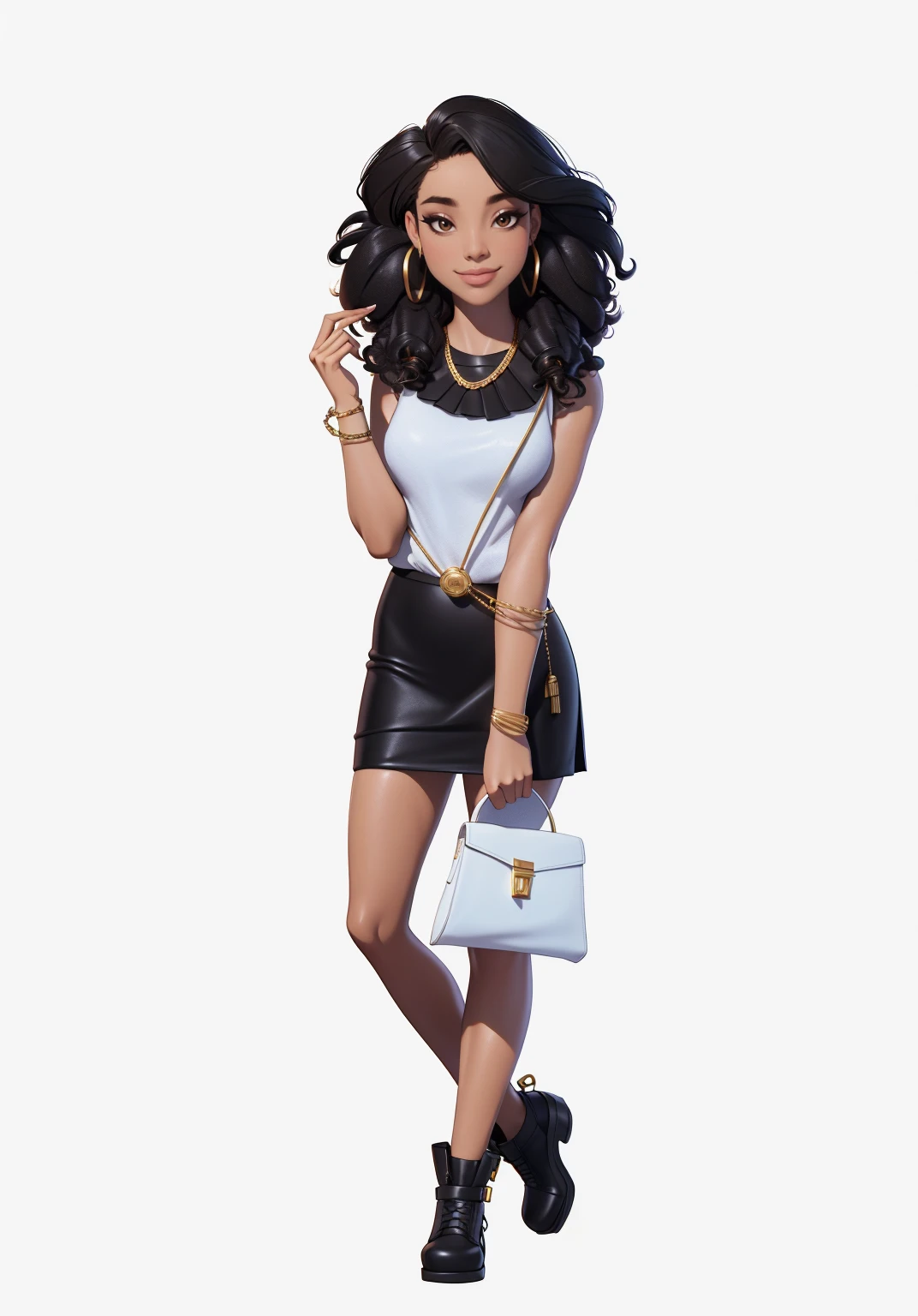 Young woman, ((headphones на шее)), afro hairstyle, afro, Black skirt, white mother, white handbag in hand, (headphones), beautiful textured long flowing hair, gold decoration, gold earrings, photorealistic, masterpiece, smiling, perfect faces, watercolor, Cinematic professional 8K photography with ray tracing, subsurface scattering and illumination, conceptual art,character illustration,European and American cartoons, I look at the viewer,