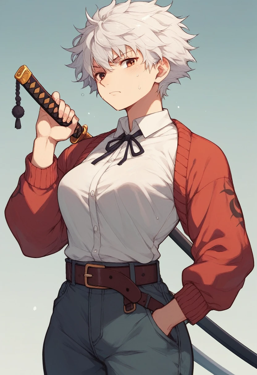 A Ghibli's studio character. With messy white  hair and dark large clothes. Her belt is large and hold some katana 