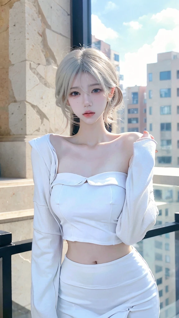 Beautiful woman with perfect figure:1.4，snow，snow背景，Layered Hairstyle，White skin，Prominent cleavage，Pleated Skirt，whole body，Very delicate face and skin texture，Double eyelids，Skin Whitening，Long white hair