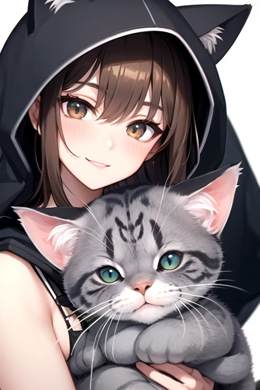 Brown hair long、Holding a grey cat、Wearing a cat hood、Close-up image、No bangs、Smiling Woman