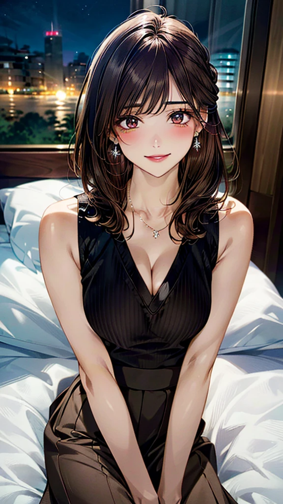 (masterpiece:1.3, Highest quality, Ultra-high resolution:1.2, Very detailed、8k), (Realistic, photoRealistic:1.4), Beautiful illustrations, Perfect lighting, colorful, Written boundary depth, Beautiful detailsまでこだわった髪, Beautifully detailed face, Beautiful details, Droopy eyes、Beautiful clavicle, Beautiful body, 美しいLarge Breasts, Beautiful thighs, Beautiful legs, Beautiful fingers, Show Viewer、Front view:0.6, beauty1人, Japanese, beauty、30 years old, Perfect Face, (Perfect Anatomy, Anatomically correct), Cute and symmetrical face, , , Glowing Skin,(Sleeveless knit:1.4), (Long skirt:1.4) 、(Dark brown hair, Medium hair、Updo Hair:1.4), Braided bangs、Dark brown eyes, (Large Breasts, The body is slim), necklace, Small earrings:1.1, (Beautiful views), ((night),( Luxury hotel room)),((Lying in bed)), Sexy pose、優しいsmile、(smile, Lips parted),