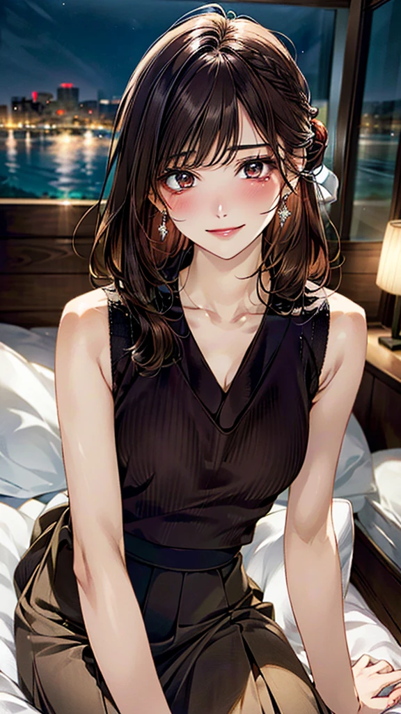 (masterpiece:1.3, Highest quality, Ultra-high resolution:1.2, Very detailed、8k), (Realistic, photoRealistic:1.4), Beautiful illustrations, Perfect lighting, colorful, Written boundary depth, Beautiful detailsまでこだわった髪, Beautifully detailed face, Beautiful details, Droopy eyes、Beautiful clavicle, Beautiful body, 美しいLarge Breasts, Beautiful thighs, Beautiful legs, Beautiful fingers, Show Viewer、Front view:0.6, beauty1人, Japanese, beauty、30 years old, Perfect Face, (Perfect Anatomy, Anatomically correct), Cute and symmetrical face, Baby Face, , Glowing Skin,(Sleeveless knit:1.4), (Long skirt:1.4) 、(Dark brown hair, Medium hair、Updo Hair:1.4), Braided bangs、Dark brown eyes, (Large Breasts, The body is slim), necklace, Small earrings:1.1, (Beautiful views), ((night),( Luxury hotel room)),((Lying in bed)), Sexy pose、優しいsmile、(smile, Lips parted),