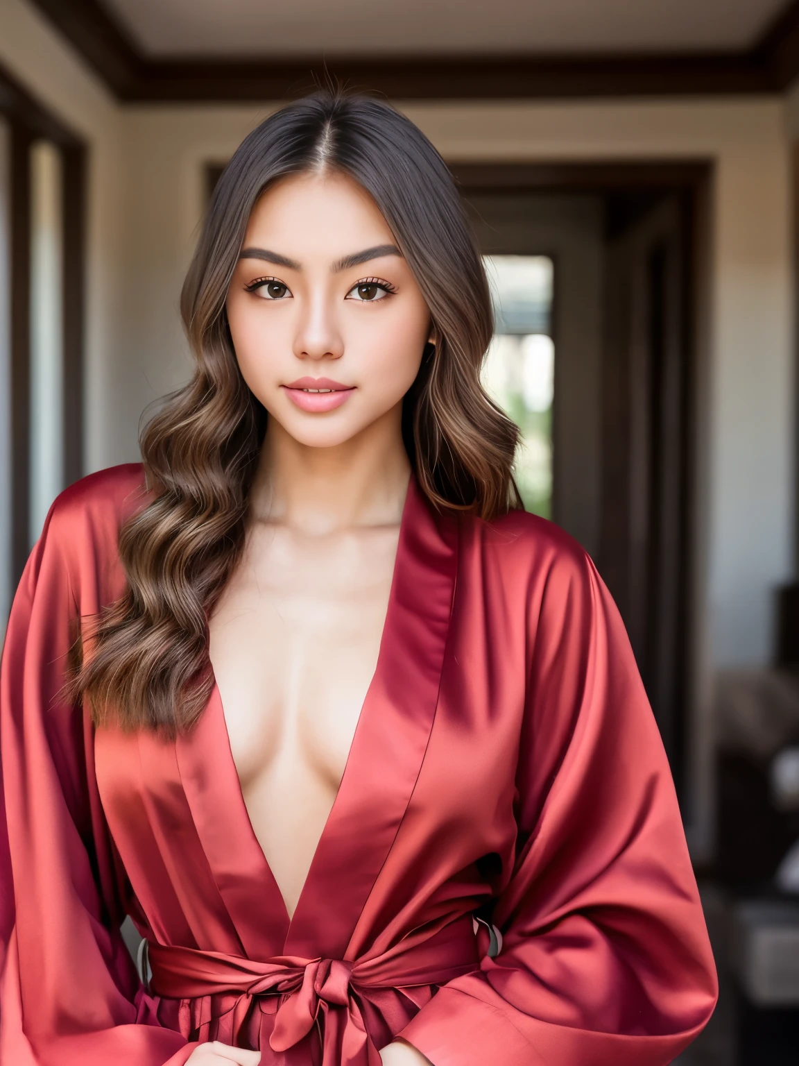 full body, pale asian girl, blueeyes, skinny, thin, slim, lean, slender, nubile, posing for picture, magical lighting, perfect lips, symmetrical face, young, youthful, , teen, huge breasts, huge lips, lip fillers, giant lips, red silk robes