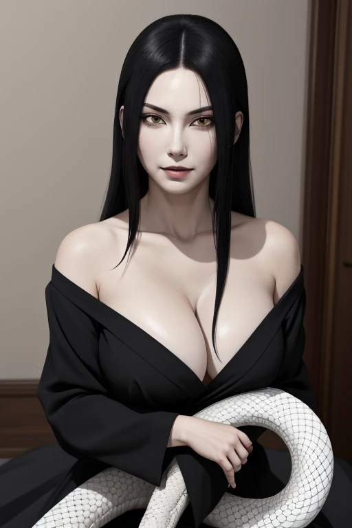 {-erro_de_anatomia:1.0} estilo anime, Masterpiece, absurdities, Orochimaru\(Naruto\), 1girl Solo, Mature woman, Oversized shirt with broad shoulders, Perfect composition, Detailed lips, large breasts, Beautiful face, body proportion, Blush, Long black hair, ( black hair), yellow eyes, Soft gauze, Super realistic, Detailed, photo shoot, Realistic faces and bodies, masterpiece, best quality, best ( white snake) illustration, hyper detailed, 1 girl, solo, glamorous, blushing, whole body, 