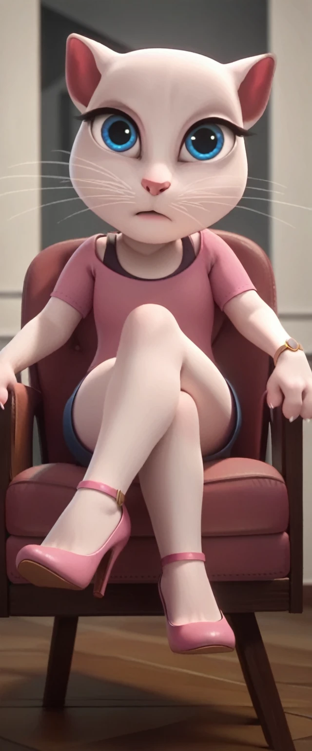 1 girl, cat, white fur, long whiskers on both sides of the face, large bright blue eyes, large black eyelashes, small pink nose, triangular ears with pink channels. There are high heels. Front view legs of woman on chair facing inwards on back with legs up in the air. crossed legs