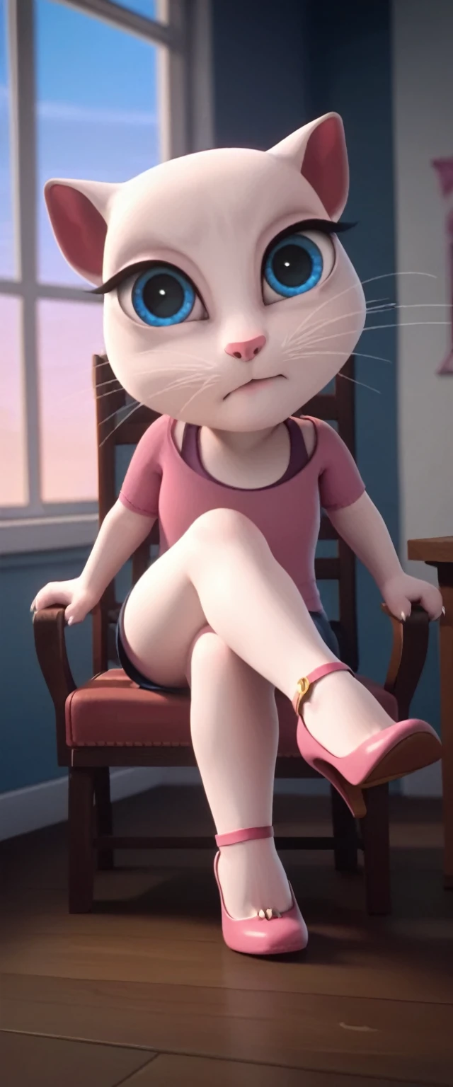 1 girl, cat, white fur, long whiskers on both sides of the face, large bright blue eyes, large black eyelashes, small pink nose, triangular ears with pink channels.     There are high heels.  Front view legs of woman on chair facing inwards on back with legs up in the air.  crossed legs