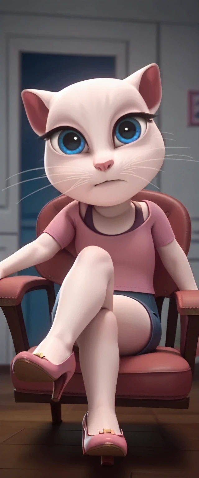 1 girl, cat, white fur, long whiskers on both sides of the face, large bright blue eyes, large black eyelashes, small pink nose, triangular ears with pink channels.     There are high heels.  Front view legs of woman on chair facing inwards on back with legs up in the air.  crossed legs