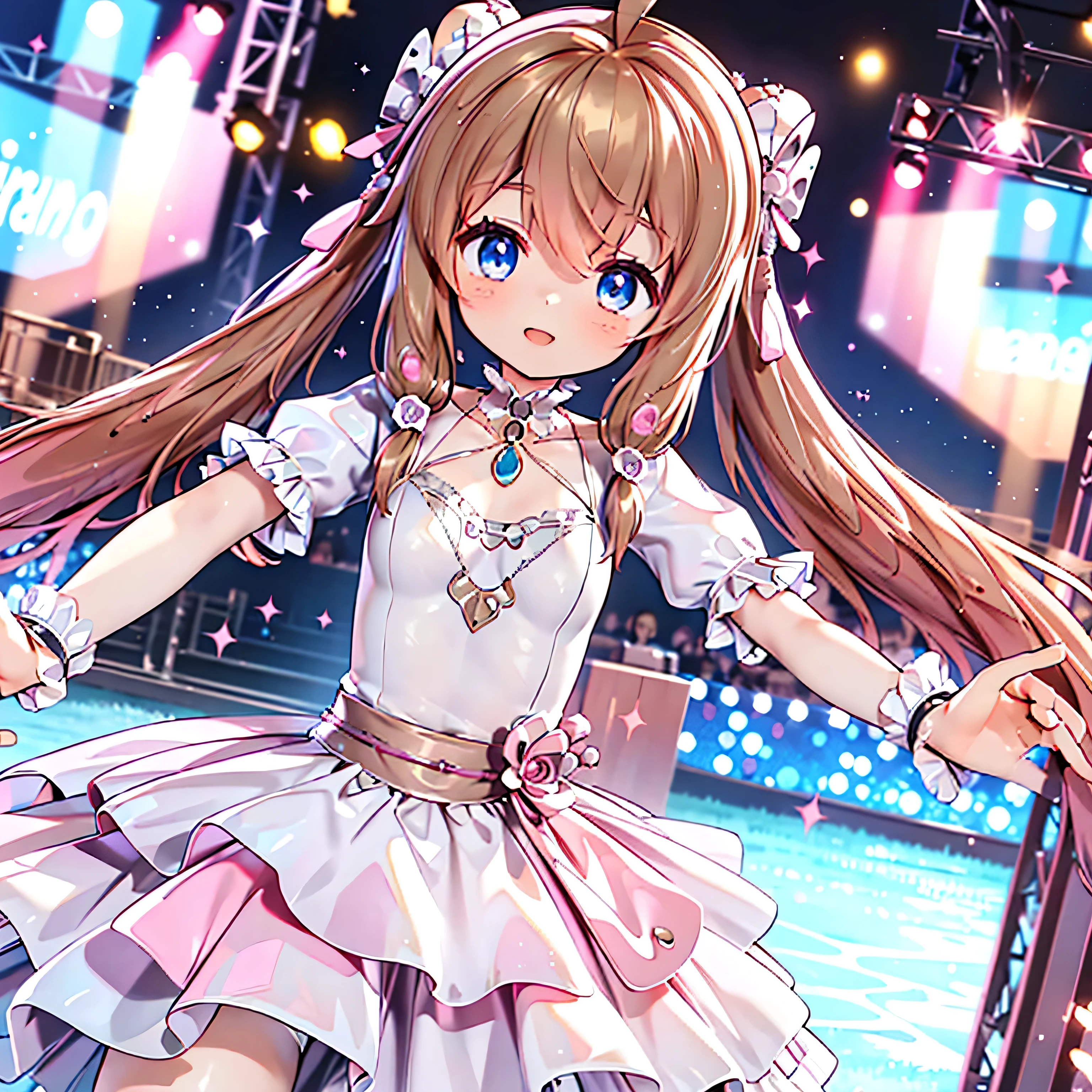 Solo girl, comical, kawaii, Blue eyes, light brown hair, back high twintails, front braids, princess dress, smile, front view, dance at the stage, neon and led lights, posing, sexy, high-resolution image, masterpiece, high quality, attractive eyes, ((dutch angle))