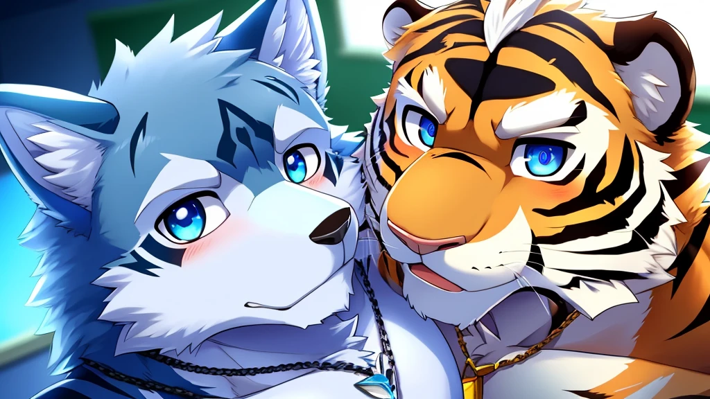 bynamic angle,depth of field, motion blur, absurdres,looking at viewer, (best quality), (masterpiece), (ultra detailed),(detailed eyes),sharp focus,manga Huge body chest 8k masterpiece,High quality,furry,(two man),(A tiger kissing a dark Blue white wolf muscular),cute,embarrassed expression,perfect background,(Around 25 years old),whole body,School classroom,There are two species,(tiger white hair) (Wolf sky blue eyes galaxy necklace rain) cyber city