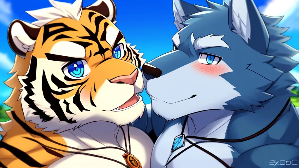 bynamic angle,depth of field, motion blur, absurdres,looking at viewer, (best quality), (masterpiece), (ultra detailed),(detailed eyes),sharp focus,manga Huge body chest 8k masterpiece,High quality,furry,(two man),(A tiger kissing a dark Blue white wolf muscular),cute,embarrassed expression,perfect background,(Around 25 years old),whole body,School classroom,There are two species,(tiger white hair) (Wolf sky blue eyes galaxy necklace rain) cyber city