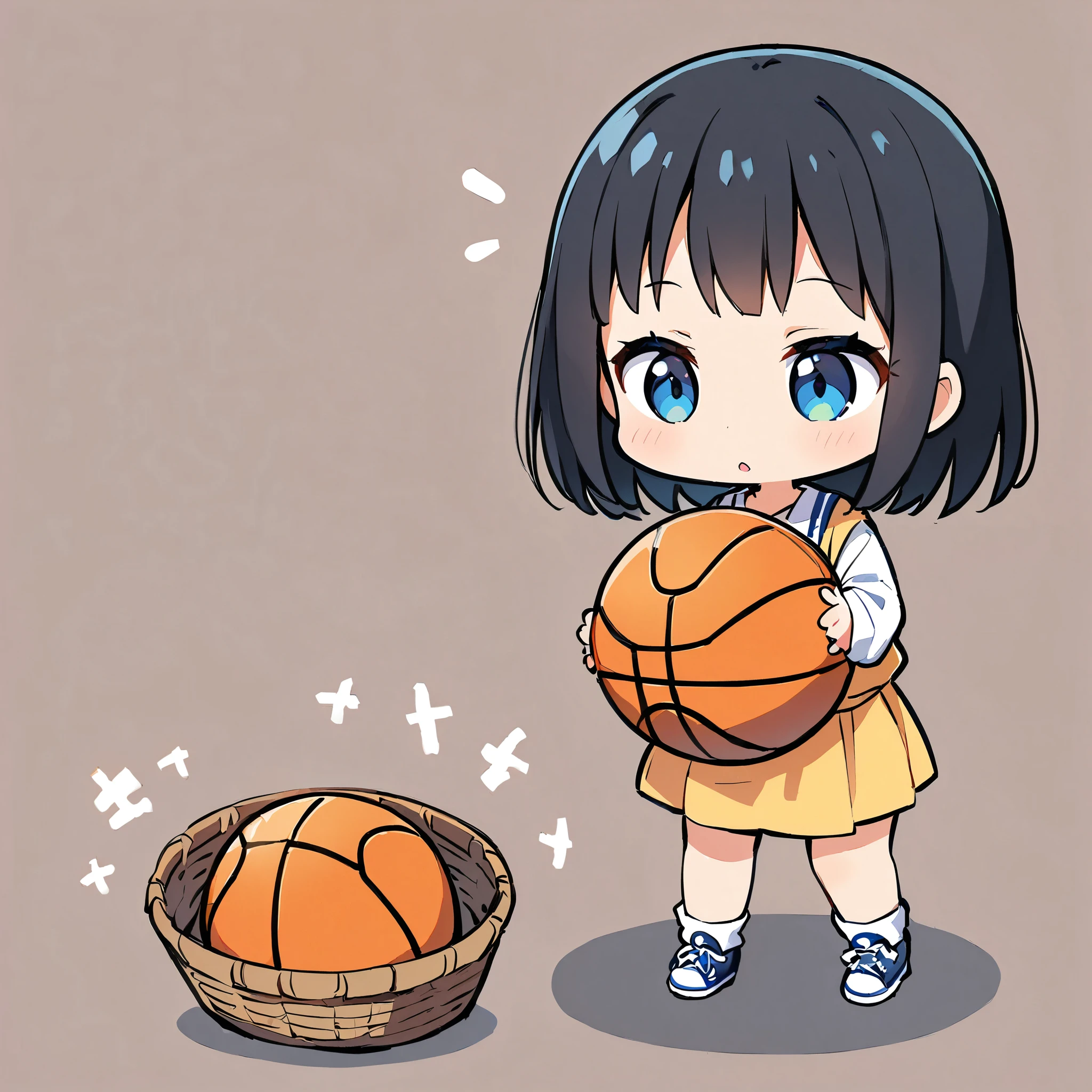 A girl putting a basketball into a basket on the ground, pretty girl, Deformation, Basketball and ball, Black Hair Girl, Cute dunk shot, Plain background,