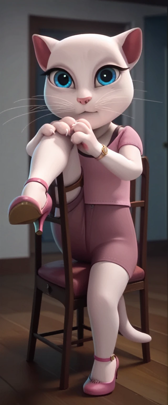 1 girl, cat, white fur, long whiskers on both sides of the face, large bright blue eyes, large black eyelashes, small pink nose, triangular ears with pink channels. There are high heels. front view legs woman up, holding own legs ,lifting legs up sitting on flexible chair own hands holding legs, folded, , legs up, cat tail turned inward