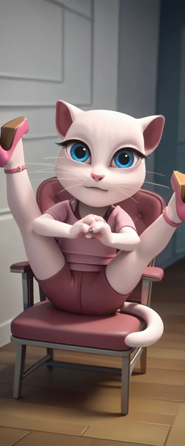 1 girl, cat, white fur, long whiskers on both sides of the face, large bright blue eyes, large black eyelashes, small pink nose, triangular ears with pink channels. There are high heels. front view legs woman up, holding own legs ,lifting legs up sitting on flexible chair own hands holding legs, folded, , legs up, cat tail turned inward