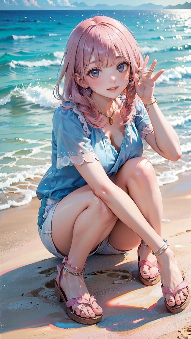 (Masterpiece, BestQuality:1.3), (ultra detailed:1.2), (hyperrealistic:1.3), (RAW photo:1.2), High detail RAW color photo, professional photograph, (Photorealistic:1.4), (realistic:1.4), (Pink Hair:1.5), professional lighting, perfect anatomy, (Big Breasts:1.2), (blush, detailed face), (A happy smile:1.7), sexly, erotic sexly, Random sexy gravure poses, (Blue blouse and white shorts、Blue sandals、Posing playing with the waves on the beach。The anklet is cute。:1.3)