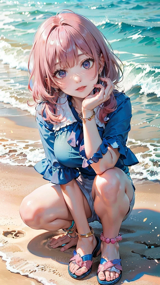 (Masterpiece, BestQuality:1.3), (ultra detailed:1.2), (hyperrealistic:1.3), (RAW photo:1.2), High detail RAW color photo, professional photograph, (Photorealistic:1.4), (realistic:1.4), (Pink Hair:1.5), professional lighting, perfect anatomy, (Big Breasts:1.2), (blush, detailed face), (A happy smile:1.7), sexly, erotic sexly, Random sexy gravure poses, (Blue blouse and white shorts、Blue sandals、Posing playing with the waves on the beach。The anklet is cute。:1.3)