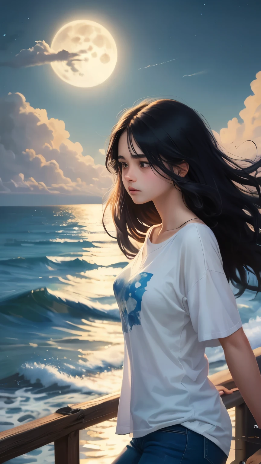 ((best quality)), ((masterpiece)), (detailed), A digital art illustration of a long black haired teenage girl walking by the ocean and looking at ocean at night with a full moon in the background and a sad expression on her face. The girl is wearing plain white t-shirt and blue jeans
