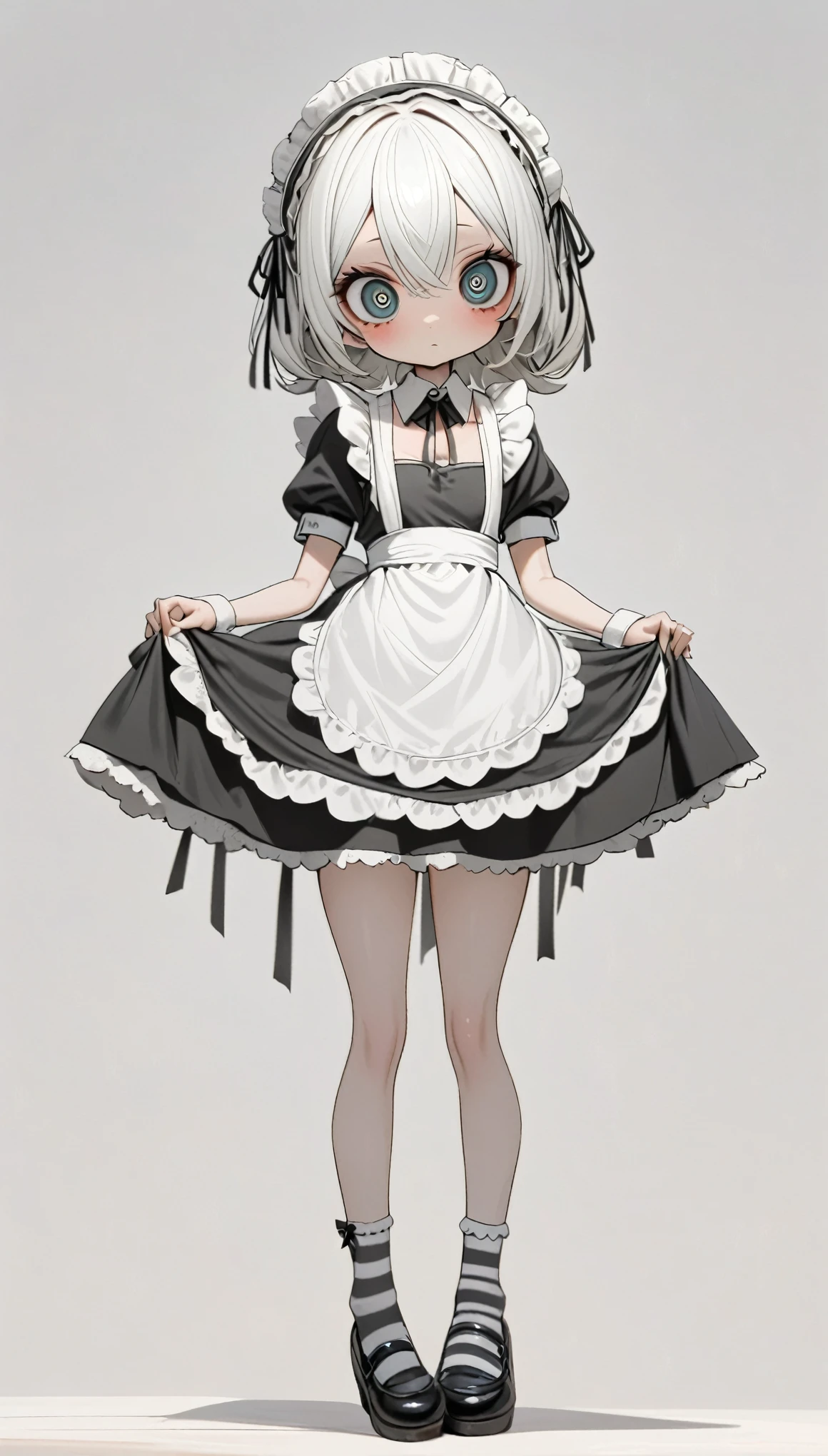 1 big eyes doll,Unique,Maid costume,black and white,Slender legs,Long striped socks,shoe