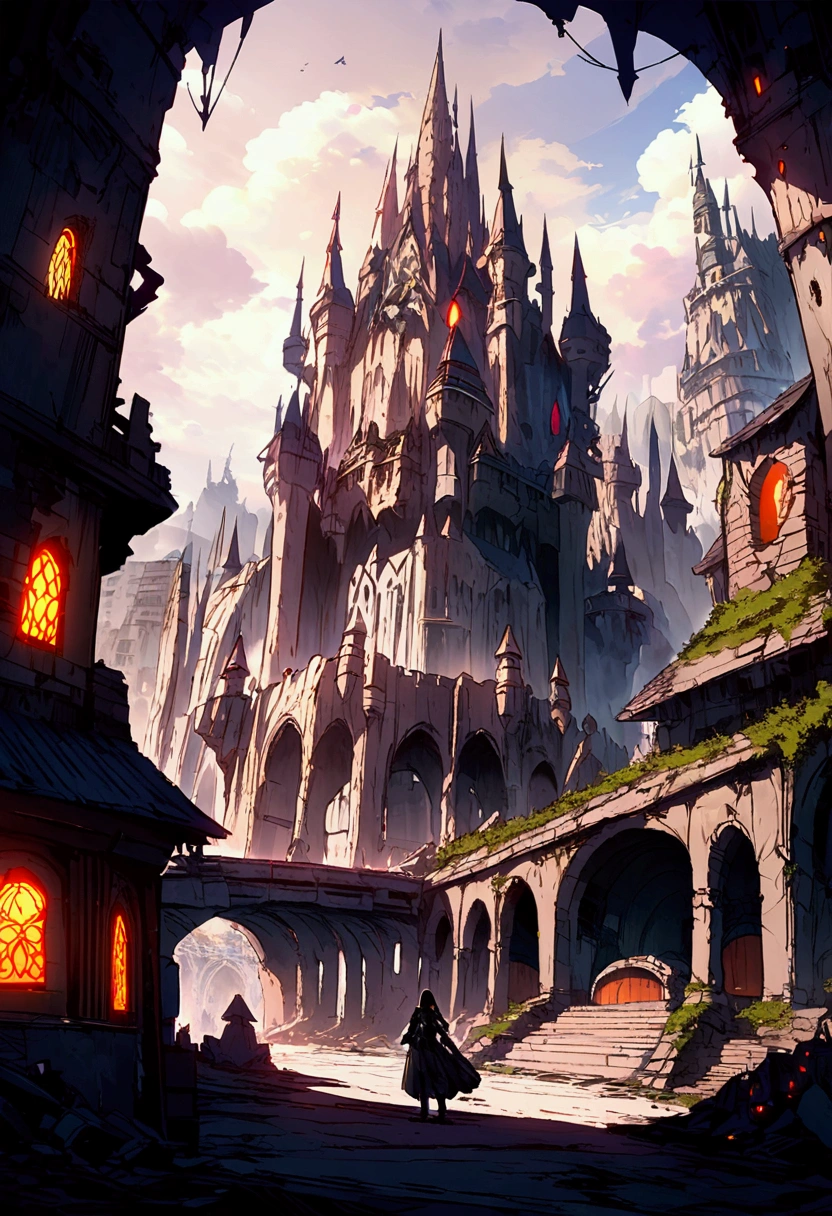 landscape A mechanized Gothic castle in the center of the screen Half-destroyed buildings line the surrounding area. cloudy Gothic meets cyberpunk Dark fantasy Concept Art