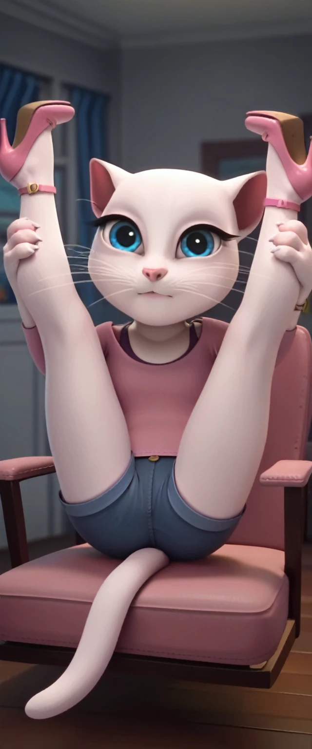 solo focus, a_la, 1girl, cat, white fur, long whiskers on both sides of her face, big bright blue eyes, eyelashes, pink nose, triangular ears with pink channels, high heels. The short jeans were ripped all the way down. 1 girl on th legs up in the air