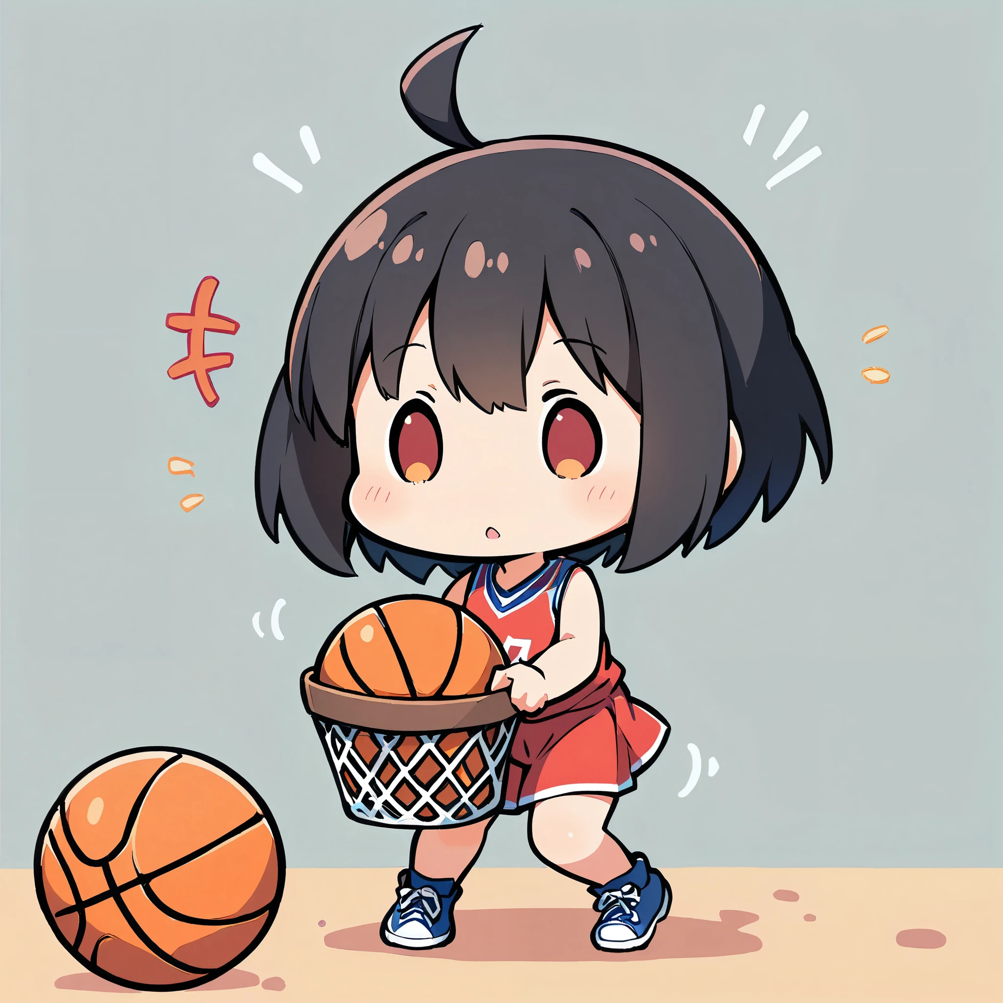 A girl putting a basketball into a basket on the ground, pretty girl, Deformation, Basketball and ball, Black Hair Girl, Cute dunk shot, Plain background,