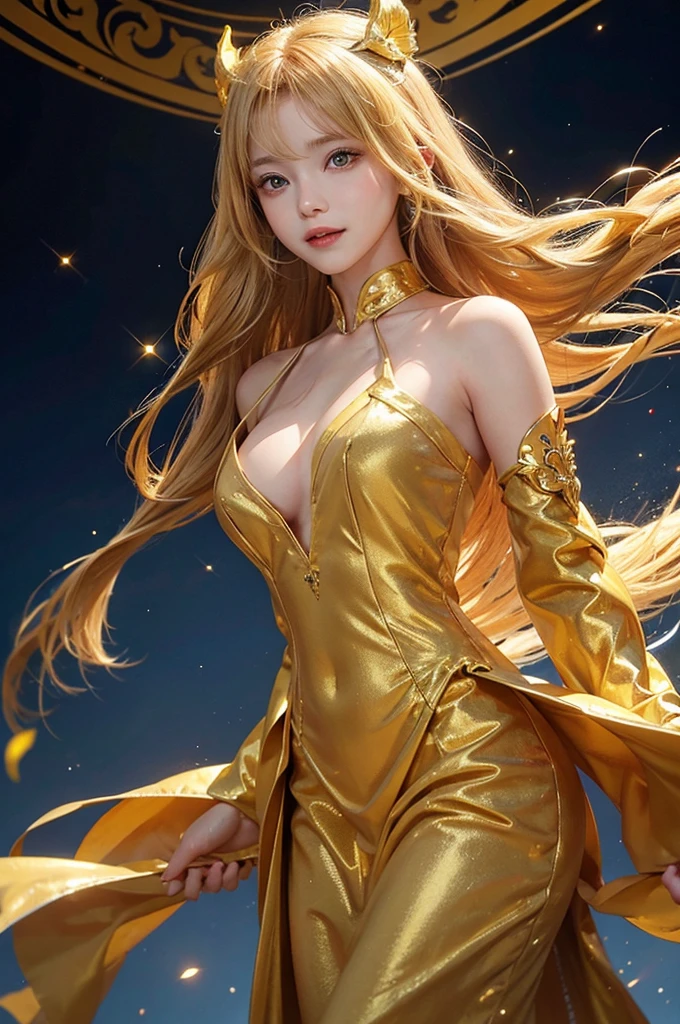 girl, Flowing golden blonde hair, Yellow Eyes, Golden Imperial Costume, Neckline, anime, In the background is a clear sky with sparkling lights, Dynamic Angle, Arrogant Laugh