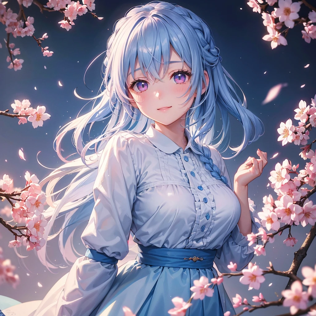 (Light blue medium hair),(Braided hair tied together)、Pink eyes、Fair skin、(whole body)、(uniform)、Cherry Blossoms at Night、A big smile、A dignified figure、solo、(masterpiece、Highest quality、Very detailed、Best Shadow)、(Detailed Background)、(Beautifully detailed face)、High contrast、(Best lighting、Very delicate and beautiful)、((Cinematic Light))、colorful、Hyper Detail、Dramatic Light、Exquisite detail、
