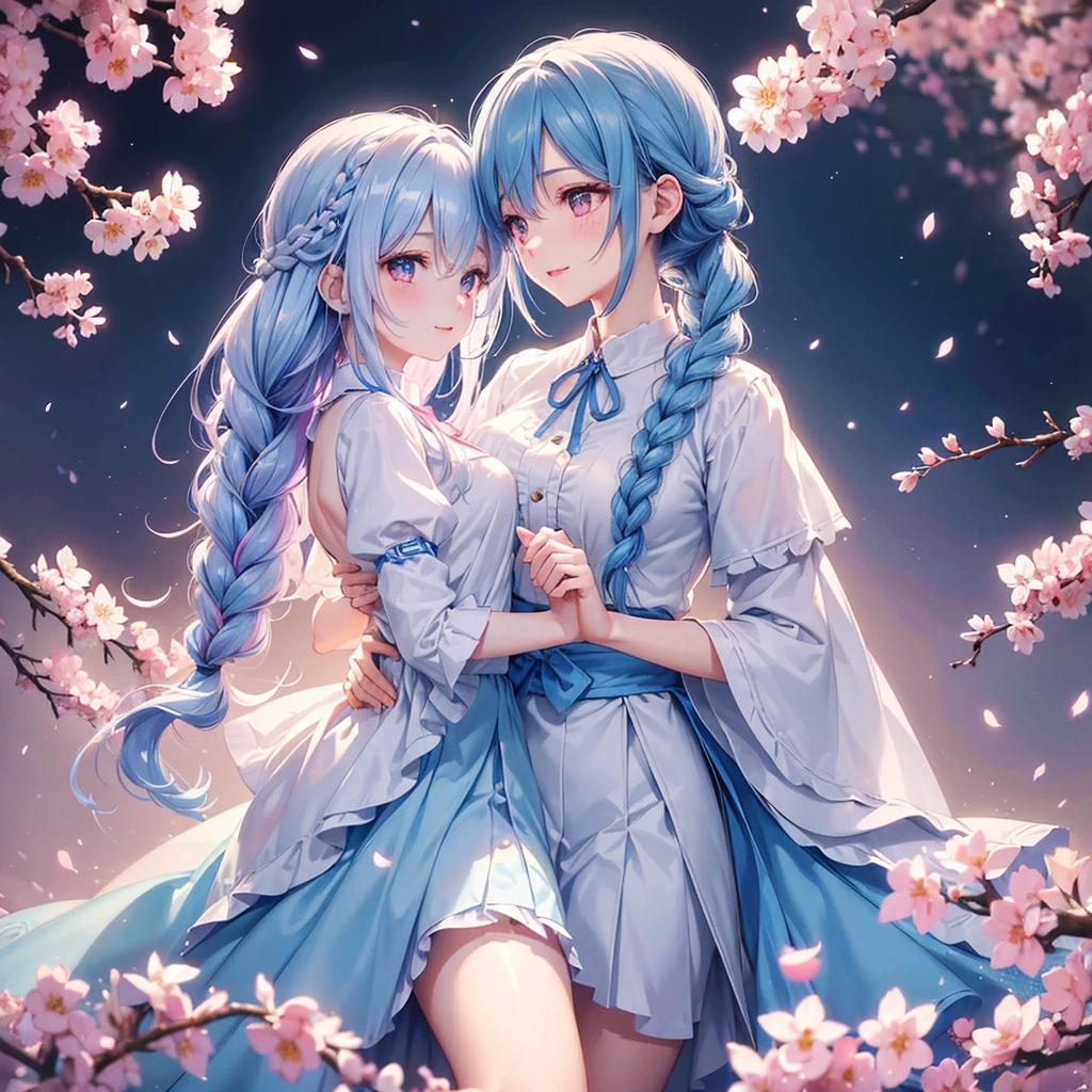 (Light blue medium hair),(Braided hair tied together)、Pink eyes、Fair skin、(whole body)、(uniform)、Cherry Blossoms at Night、A big smile、A dignified figure、solo、(masterpiece、Highest quality、Very detailed、Best Shadow)、(Detailed Background)、(Beautifully detailed face)、High contrast、(Best lighting、Very delicate and beautiful)、((Cinematic Light))、colorful、Hyper Detail、Dramatic Light、Exquisite detail、