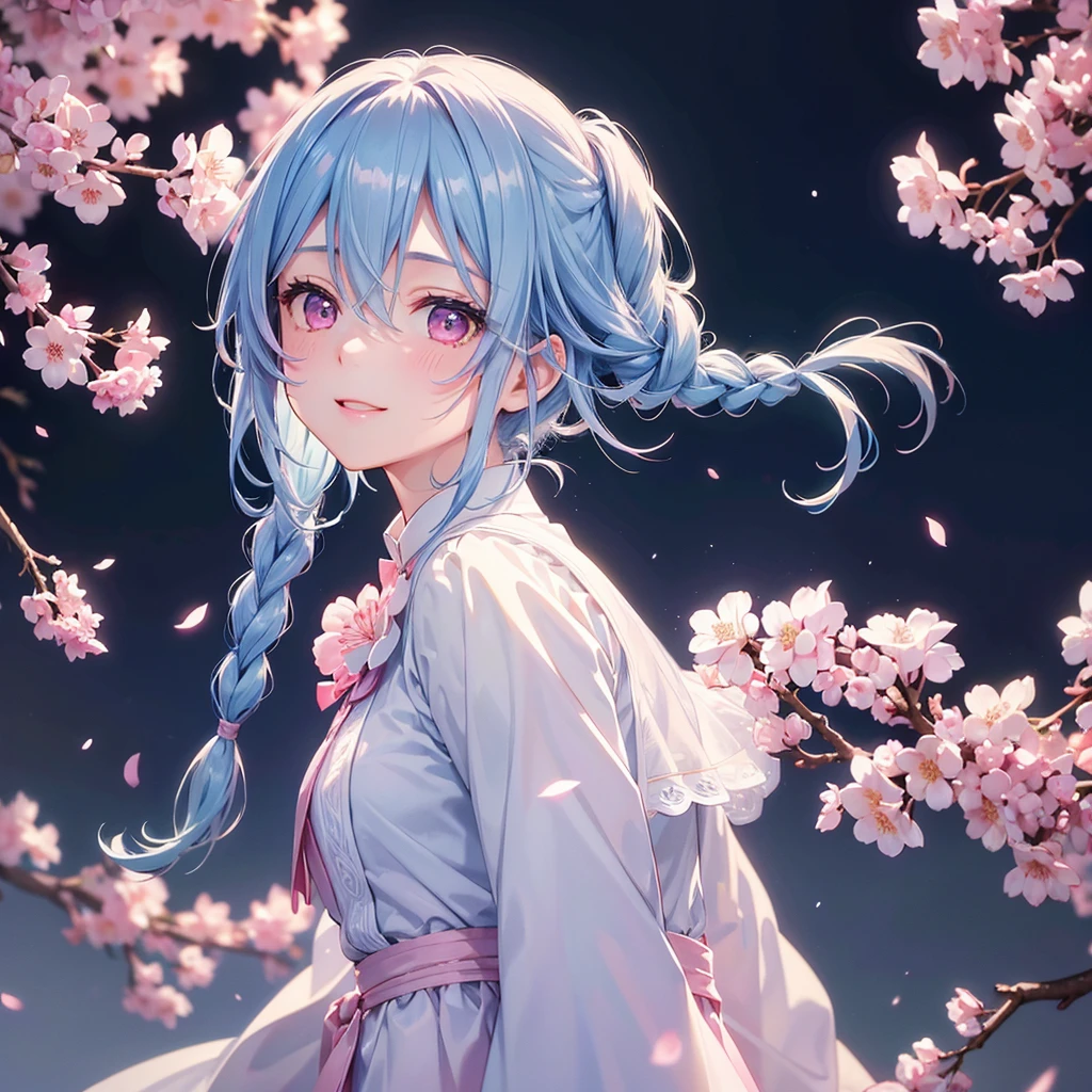 (Light blue medium hair),(Braided hair tied together)、Pink eyes、Fair skin、(whole body)、(uniform)、Cherry Blossoms at Night、A big smile、A dignified figure、solo、(masterpiece、Highest quality、Very detailed、Best Shadow)、(Detailed Background)、(Beautifully detailed face)、High contrast、(Best lighting、Very delicate and beautiful)、((Cinematic Light))、colorful、Hyper Detail、Dramatic Light、Exquisite detail、