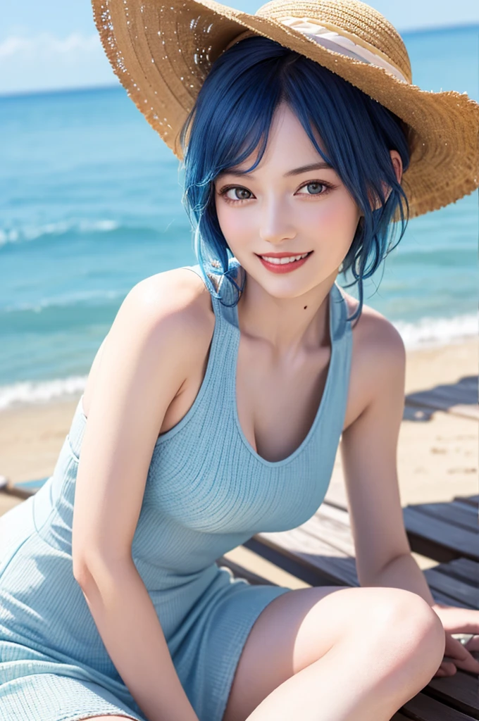 ((Highest quality, Best image quality, Ultra-high resolution)), (Photorealistic), (Realistic), (Ultra-high resolution),(A woman in a thin dress and a large straw hat is leaning forward at the seaside and looking at viewer), (blue hair:1.2), (short hair), (smile:1.3)