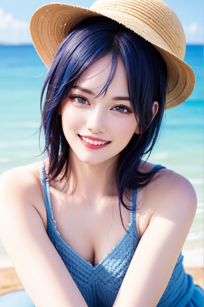 ((Highest quality, Best image quality, Ultra-high resolution)), (Photorealistic), (Realistic), (Ultra-high resolution),(A woman in a thin dress and a large straw hat is leaning forward at the seaside and looking at viewer), (blue hair:1.2), (short hair), (smile:1.3)