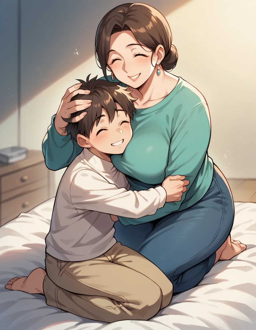 score_9, score_8_up, score_7_up, source_anime, 1boy, 1girl, mature female, mother and , hug, smile, hand on head, kneeling, 