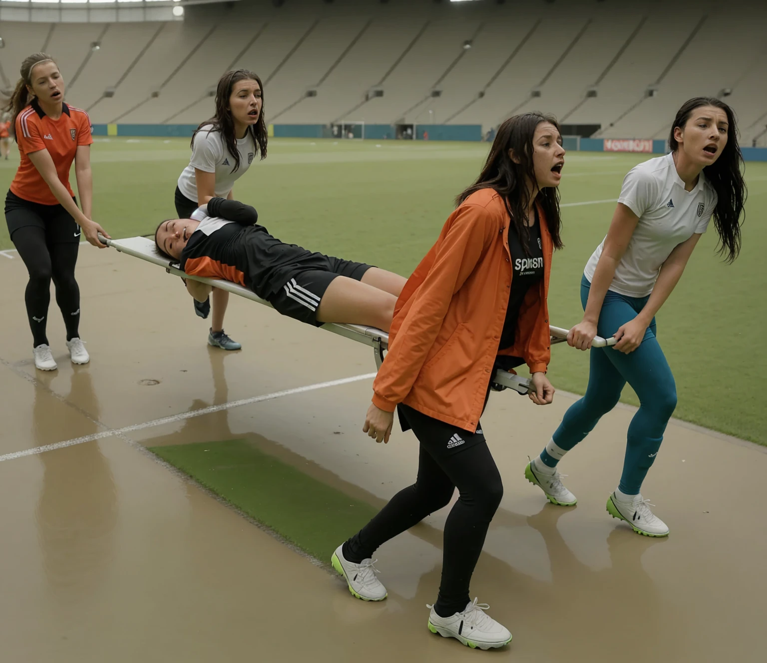 a soccer scene in a sports stadium, cool and wet weather conditions, humide ground, rainy sky, injury scene in a sports stadium, stretcher carry, there are four female medics carrying a stretcher, there are four female medics in very shiny coats who are carrying a stretcher in a sports stadium, there is a wounded male soccer player in a matte short cotton sports outfit lying on the stretcher, an injured male soccer player in matte cotton sportswear is lying in pain on a stretcher, a soccer player in matte cotton sports clothes is rearing up in intense pain while lying on a stretcher, dramatic scene, theatralic posing scene, dramatic pity scene, injury soccer, first aid, help, pity, there are four female medics in wetlook high-shine coats who are looking very sad and very terrified and very shocked, the injured soccer player is screaming out in pain while he is carried from the pitch on a stretcher