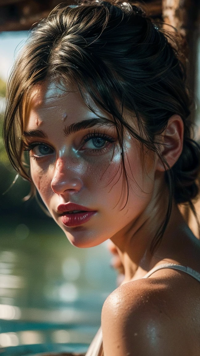 a seasoned fisherman girl, 21 years old, beautiful detailed eyes, beautiful detailed lips, extremely detailed face and skin, longeyelashes, weathered skin, rugged facial features, natural lighting, softly blurred dock, (best quality,4k,8k,highres,masterpiece:1.2),ultra-detailed,(realistic,photorealistic,photo-realistic:1.37),portrait,photo,natural light,ambient occlusion,soft focus,detailed textures,cinematic lighting