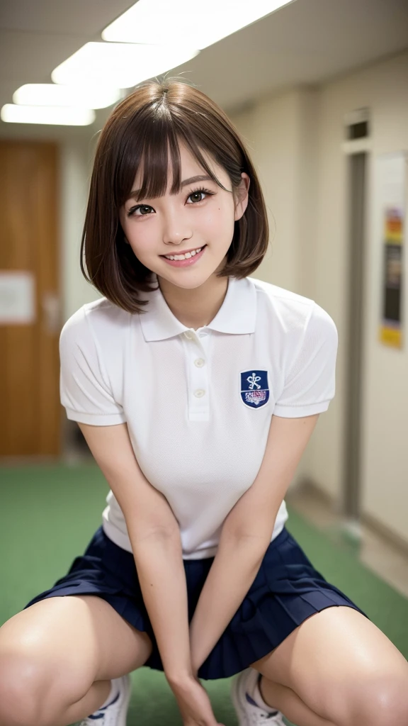 (masterpiece,Highest quality,High resolution,Realistic,photograph:1.2),(1 high school girl:1.2), (((White polo shirt), Navy blue pleated skirt),(White sneakers),White socks),(Smiling with teeth showing and eyes narrowed:1.3),(Bobcut,Brown Hair,Natural Makeup, Eyelash extensions, Make your eyelashes thinner and longer:1.3),(Cowboy Shot:1.3),(16 year old Japanese girl:1.2),(Clothes that look good:1.2),(School corridor:1.3), (View the subject from below:1.2), (Panty shot:1.3), (Random sexy poses, Spread your legs, Squatting and tiptoe:1.3), (Place your hands behind your head:1.3)