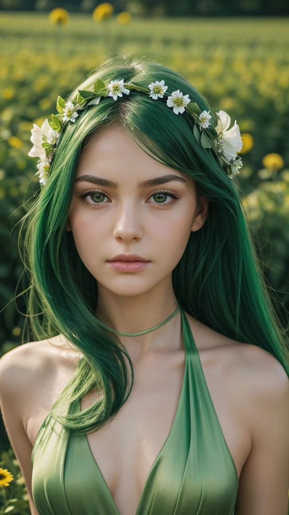 a girl. the face sends feeling. Europe. Oval face. long face. delicate facial features. disappointed eyes. seductively seductive. long straight hair. green hair. wreath on head. very sad expression. green silk halter dress. straight face. in the flower field