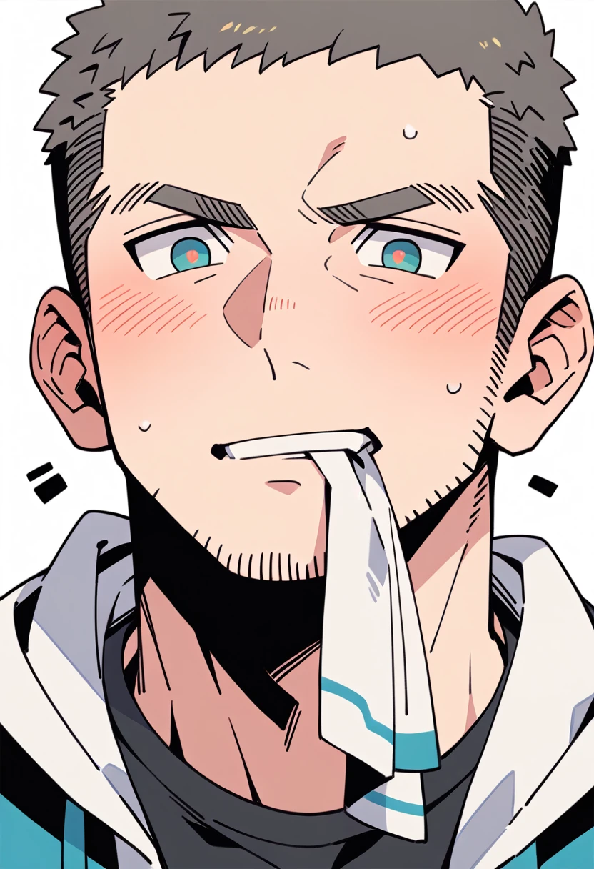 anime characters:Priapus, Muscle Sports Student, Buzz Cut, Manliness, male focus, Sports tight hooded sweatshirt, Very tight, full and perky chest muscles, muscular male, muscular, only, Upper body, alone, Black short hair, Thick eyebrows, stubble, Brown-red pupils, White background, simple background, amazing quality, best aesthetics, Ridiculous, crew cut, blush, mouth hold, Mouth biting a white towel, embarrassed, shy, endured face, negative space, best quality