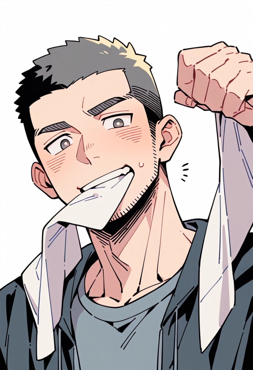 anime characters：Priapus, Muscle Sports Student, Buzz Cut, Manliness, male focus, Sports tight hooded sweatshirt, Very tight, full and perky chest muscles, muscular male, muscular, only, Upper body, alone, Black short hair, Thick eyebrows, stubble, Brown-red pupils, White background, simple background, amazing quality, best aesthetics, Ridiculous, crew cut, blush, mouth hold, Mouth biting a white towel, embarrassed, shy, endured face, negative space, best quality