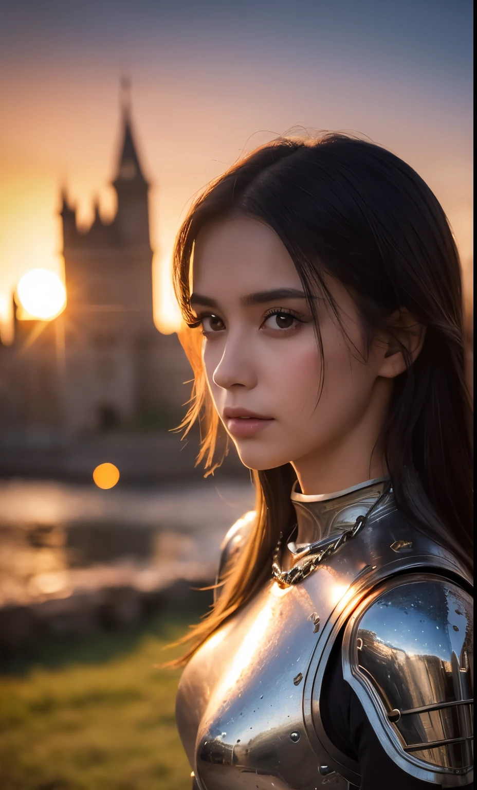 (masterpiece), (Very complicated:1.3), (Realistic), Portrait of a Girl, The most beautiful in the world, (Medieval Armor), Metal Reflection, Upper Body, Outdoor, Strong sunlight, Distant Castle, Detailed professional photos of beautiful women, Sharp focus, dramatic, Awards, Cinema Lighting, Octane Rendering Unreal Engine, Volumetrics dtx, (Film Grain, Blurred Background, Blurred foreground, Bokeh, Depth of written boundary, sunset, Motion Blur:1.3), Chain Mail