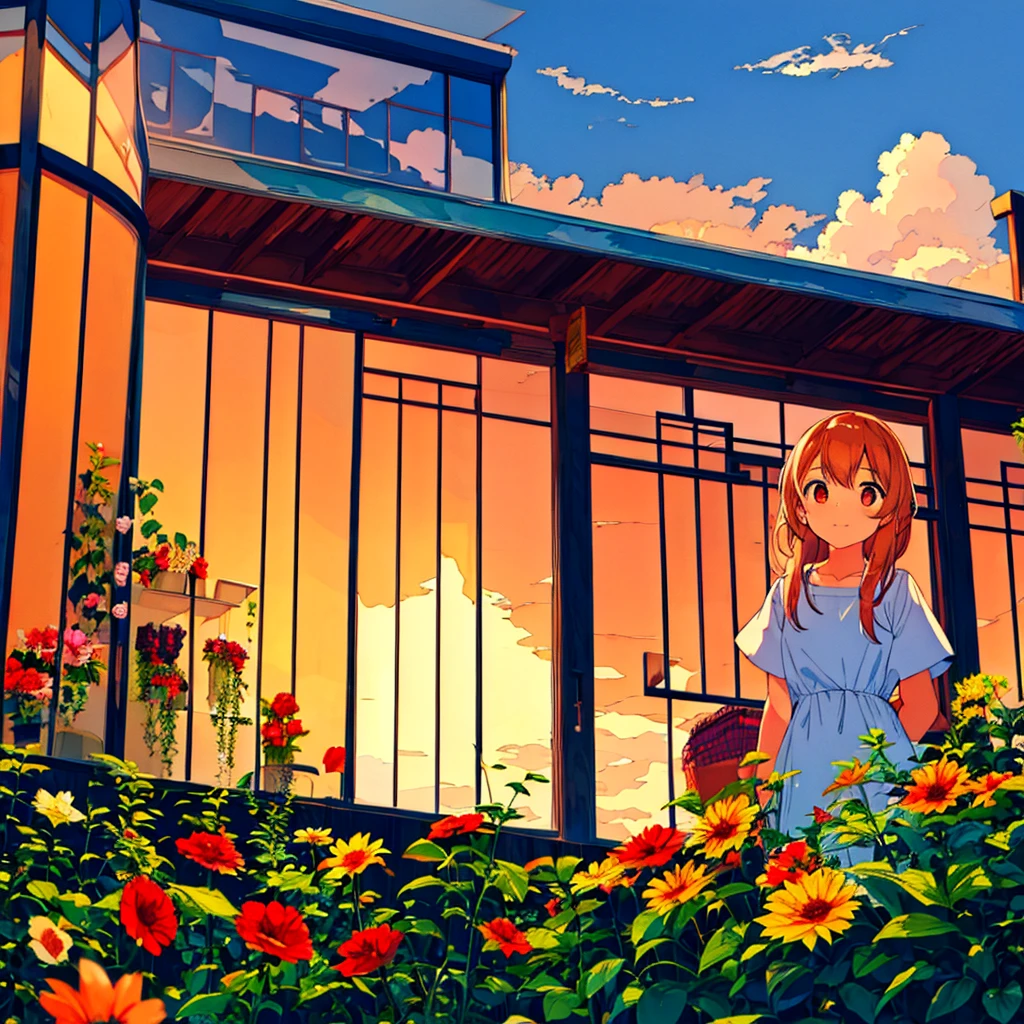 Girl with a bouquet Modern Cumulonimbus Summer Flower shop Sunset