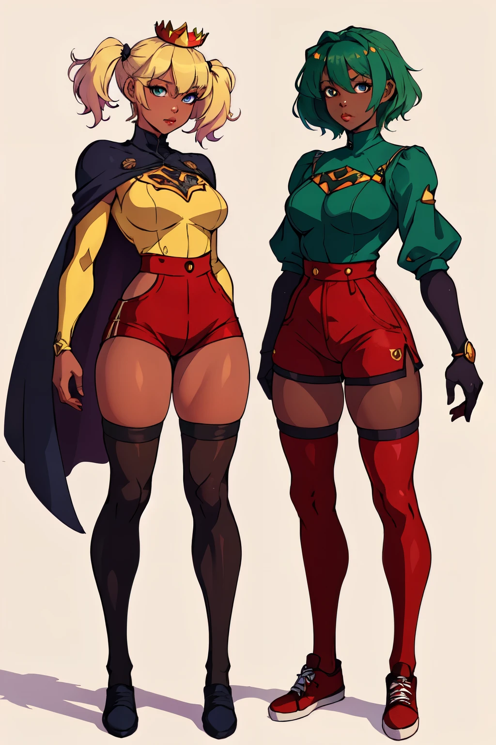 (masterpiece,best quality,absurdres,beautiful,aesthetic,detailed),1girl,dark-skinned female, green hair, blonde hair, short hair, short twintails, mini crown, cape, jumpsuit, long sleeves, high-waist shorts, red shorts, striped thighhighs, shoes, purple footwear