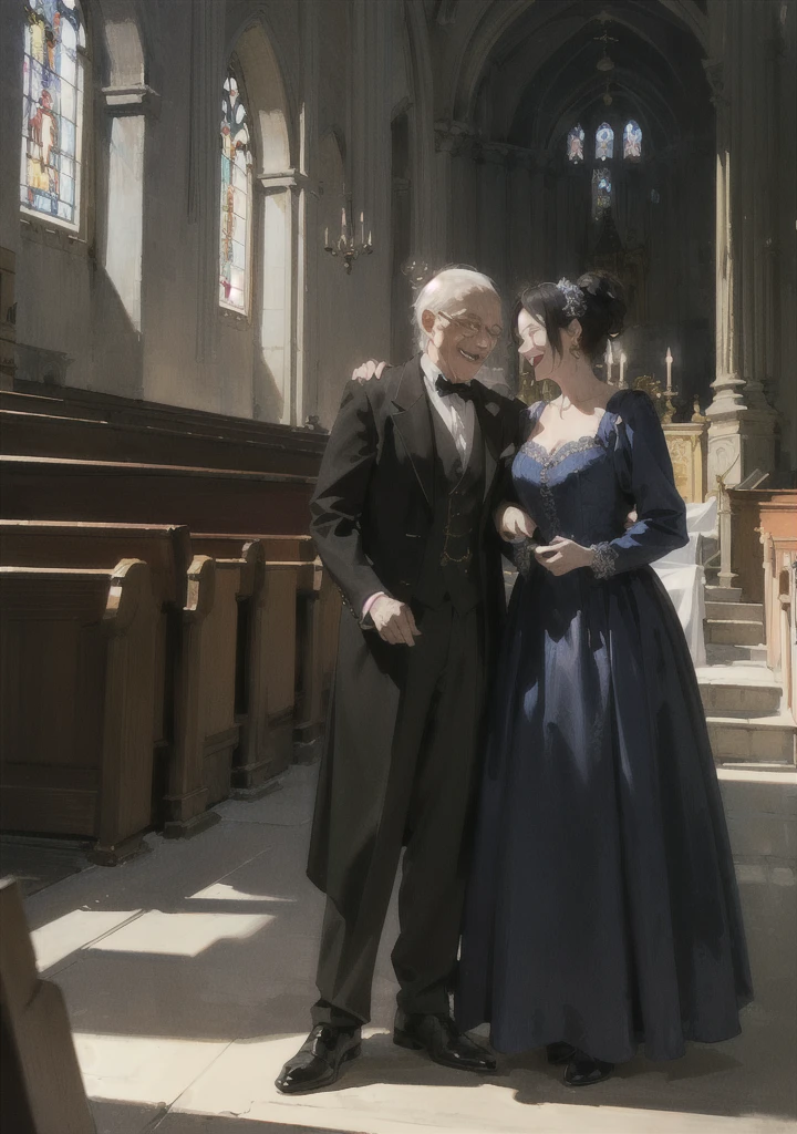 an old woman with the bearing of a madame in a velvet dress laughing wickedly with black eyes and lights and shadows in all art with a background of a ゴシック interior church, ゴシック
