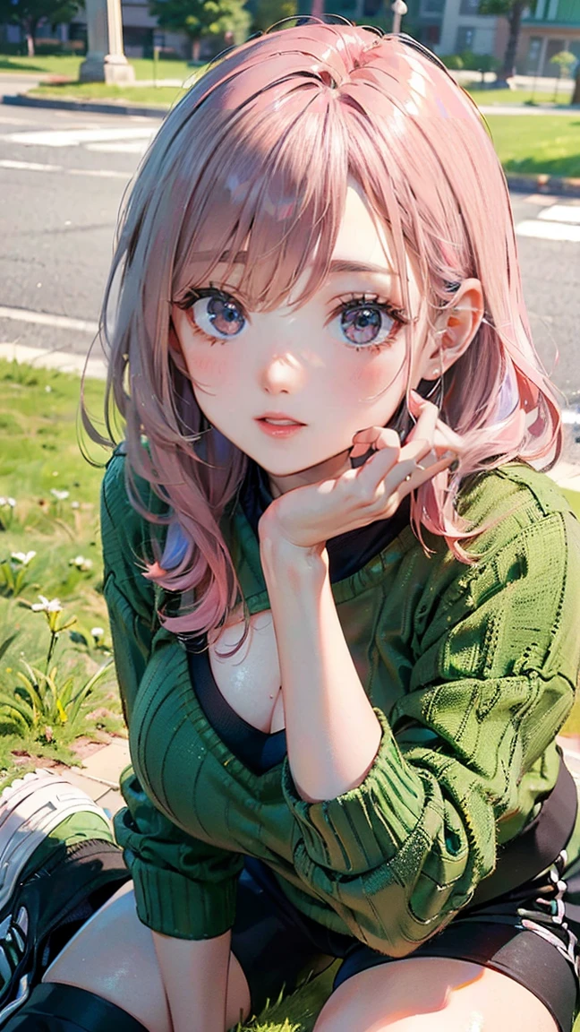 (Masterpiece, BestQuality:1.3), (ultra detailed:1.2), (hyperrealistic:1.3), (RAW photo:1.2), High detail RAW color photo, professional photograph, (Photorealistic:1.4), (realistic:1.4), (Pink Hair:1.5), professional lighting, perfect anatomy, (Big Breasts:1.2), (blush, detailed face), (A happy smile:1.7), sexly, erotic sexly, Random sexy gravure poses, (Green sweater and black shorts、Green sneakers、Sexy pose lying on the grass in the schoolyard。The earrings are cute。:1.3)