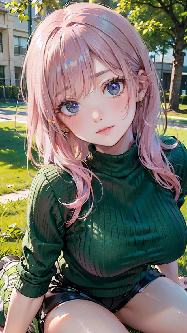 (Masterpiece, BestQuality:1.3), (ultra detailed:1.2), (hyperrealistic:1.3), (RAW photo:1.2), High detail RAW color photo, professional photograph, (Photorealistic:1.4), (realistic:1.4), (Pink Hair:1.5), professional lighting, perfect anatomy, (Big Breasts:1.2), (blush, detailed face), (A happy smile:1.7), sexly, erotic sexly, Random sexy gravure poses, (Green sweater and black shorts、Green sneakers、Sexy pose lying on the grass in the schoolyard。The earrings are cute。:1.3)